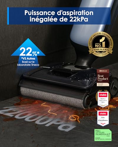 Tineco Floor One S9 Artist Dry and Wet Vacuum Cleaners, 22 kPa, SmartDrive 360°, Anti-Tangle, Self-Cleaning, Working Time 50 min, Two-Edge Cleaning, 180°-Lay-Flat, 85℃ Flashdry - 4