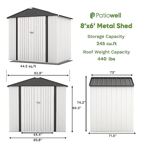 Image of Patiowell Outdoor Storage Shed 8x6 FT, Garden Tool Storage Shed with Sloping Roof and Double Lockable Door, Outdoor Shed for Backyard Garden Patio Lawn, White