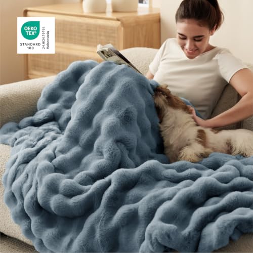 Image of Bedsure Fluffy Bubble Faux Fur Twin Blanket, 60 inchx80 inch, Greyish Blue