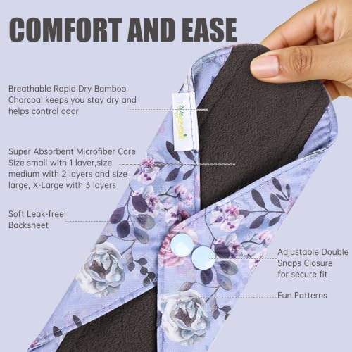 Image of wegreeco Reusable Menstrual Pads, Incontinence Sanitary Period Cloth Pads for Women, Reusable Washable Feminine Panty Liners Heavy Flow, Charcoal, 5 Pack, 1 Cloth Wet Bag (Medium, Pink Rose)