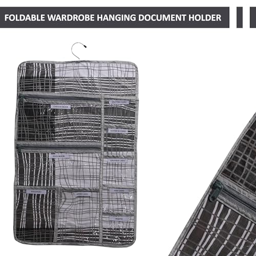 Image of Kuber Industries PVC Lining Design Multi Utility Hanger Organize for Document | 7 Small Pocket with 3 Zipper Hanger File Organize Aadhar | Grey & Black