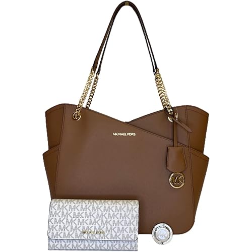 Michael Kors Jet Set Travel Large Chain Shoulder Tote bundled Jet Set Travel Trifold Wallet (2021 Luggage/MK Vanilla)