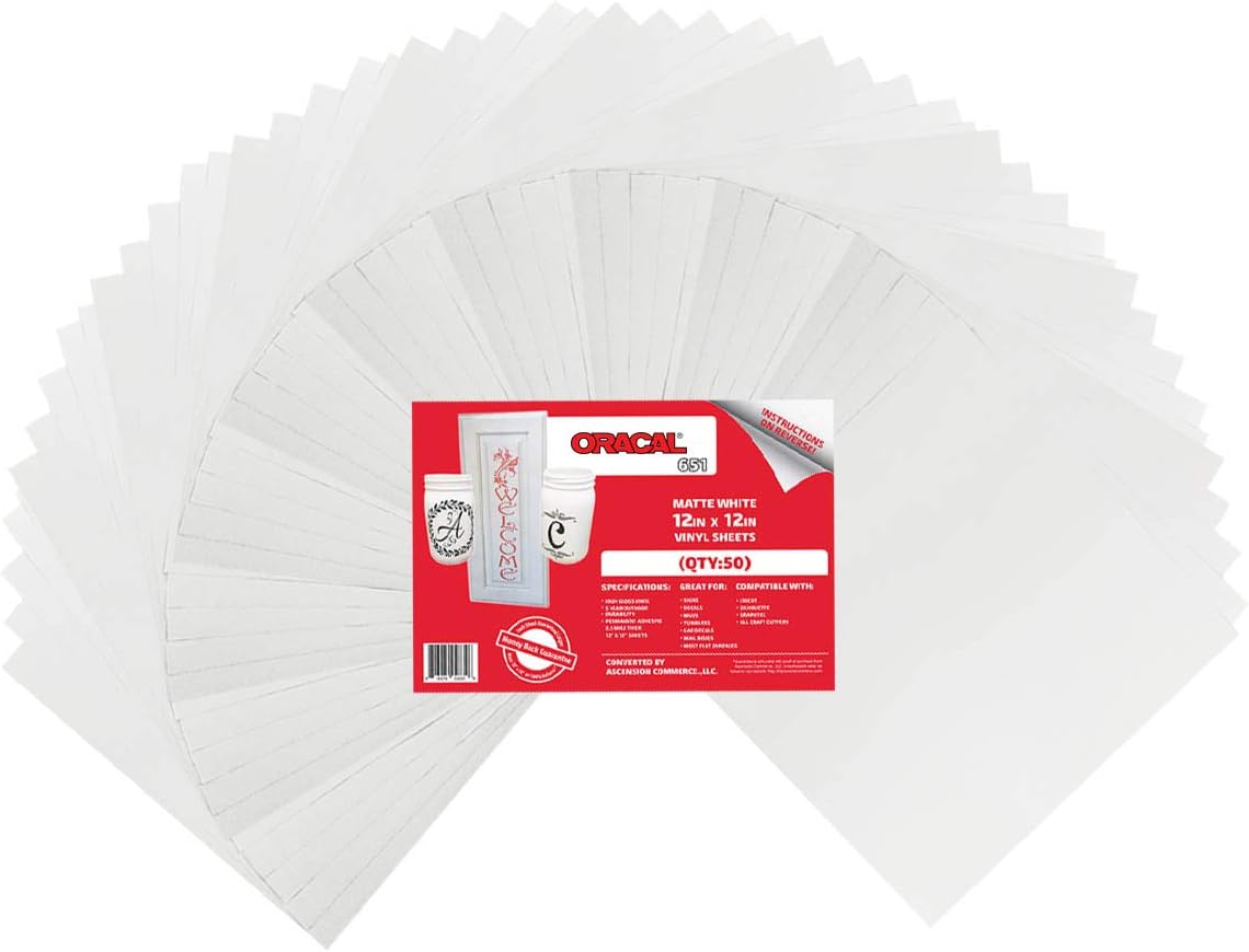(50 Sheets) Oracal 651 Matte White Adhesive Craft Vinyl for Cricut, Silhouette, Cameo, Craft Cutters, Printers, and Decals - 12" x 12" - Matte Finish - Outdoor and Permanent