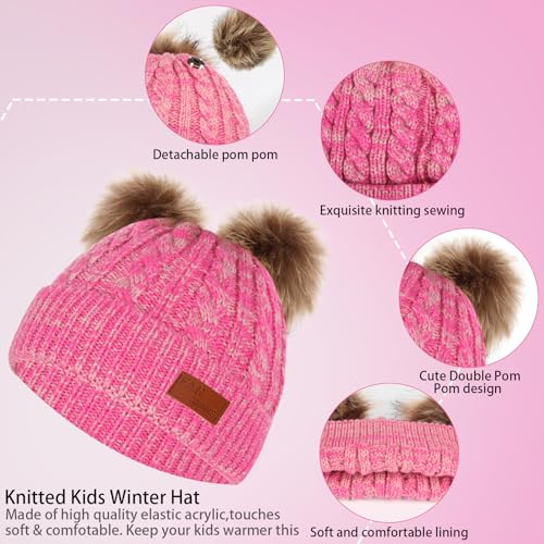 Kids Winter Beanie Hat Scarf Gloves Set,Toddlers Knit Winter Warm Double Pompom Cap Scarf Gloves for Girls Boys 1-5 Years Old4