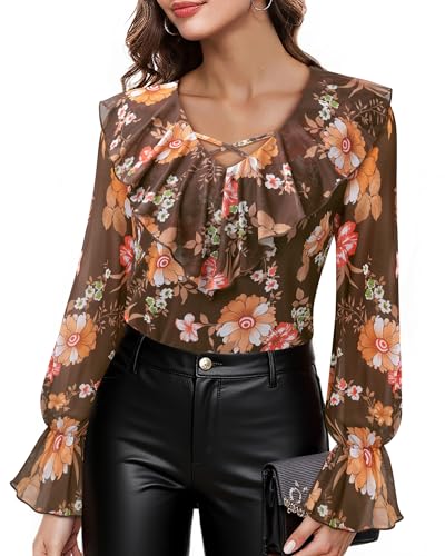 Lotusmile Women's Dressy Casual Ruffle Tops Double Layered Long Sleeve Shirts V Neck Blouses for Women Work Party