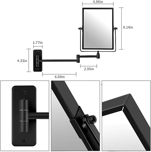 Miniatura 6 de QiMH Espejo de pared con aumento 3X, rectangular de 8 x 6 pulgadas con brazo extensible | Espejo giratorio de doble cara para tocador de baño