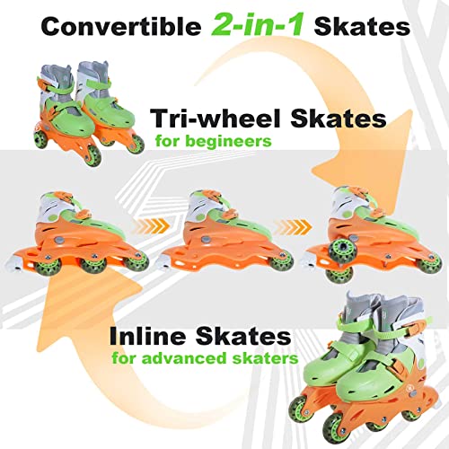 Jajahoho Roller Skates For Kids, Adjustable Convertible 2-In-1 Skates, Age 3-7,Junior Size 10 11 12 13, Tri-Wheels To Inline Skates 3 Wheels, Roller Blades For Boys Girls Toddler(Orange Green) #TOP2