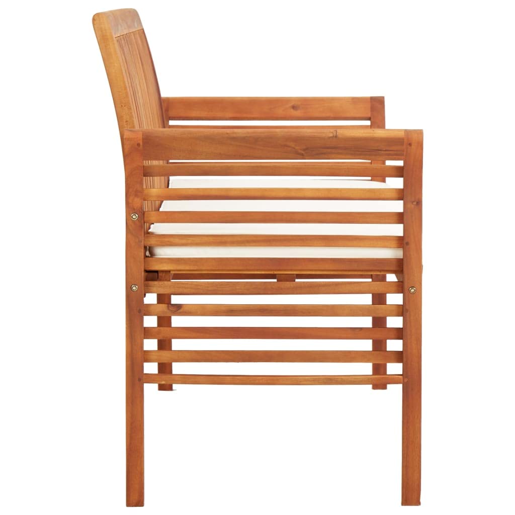 Banco de jardín de 3 plazas, 150 cm, acacia tratada al aceite, con revestimiento de color crema, resistente de madera, banco de comedor para terraza, balcón y salón