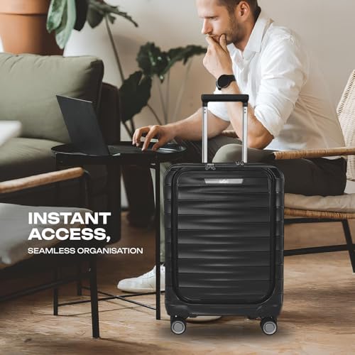 Image of Safari Select Aerolite 55 CM Small Cabin Black Front Open Hard Shell Double Spinner Trolley /Luggage Bag with TSA Lock, Dual 8 Wheels and Anti-Theft Zipper