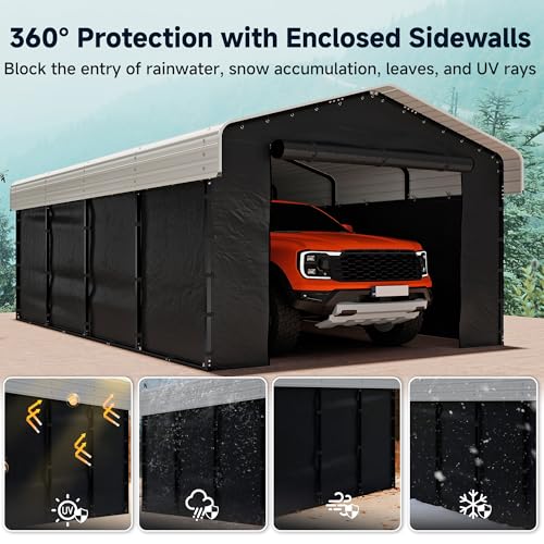 Image of 12x20FT Heavy Duty Metal Carport, Outdoor Carport with Galvanized Steel Frame and Roof, Multi-Use Car Garage Shelter with Removable Sidewalls, Enclosed for Cars, Pickup, Tractors, Tools, Cream White
