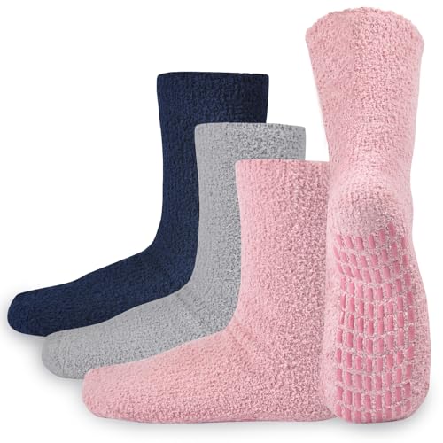Image of JORMATT 3 Pairs Ultra Thick Grip Fuzzy Socks Non Skid Slipper Hospital Socks Unisex