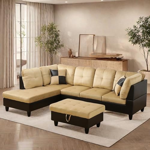 L Shaped Sectional, Lounge Modular Sectional Sofa with Ottoman St...