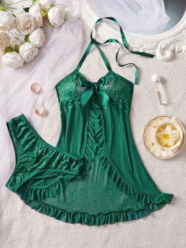 Image of Foxiny Sexy Halter Open Front Ruffle Sheer Mesh Lace Babydoll Lingerie Dress with Thong 2 Piece
