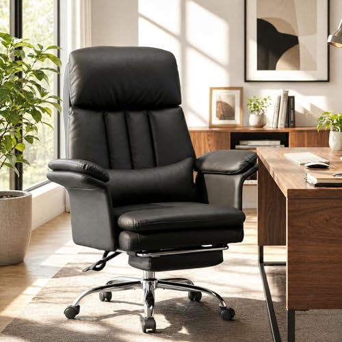 Hellove Fauteuil de Bureau avec Repose-Pieds 180kg, Chaise Ergonomique en Cuir PU, Fauteuil Direction Pivotant avec Accoudoirs Doubles et Dossier Haut, Siege...