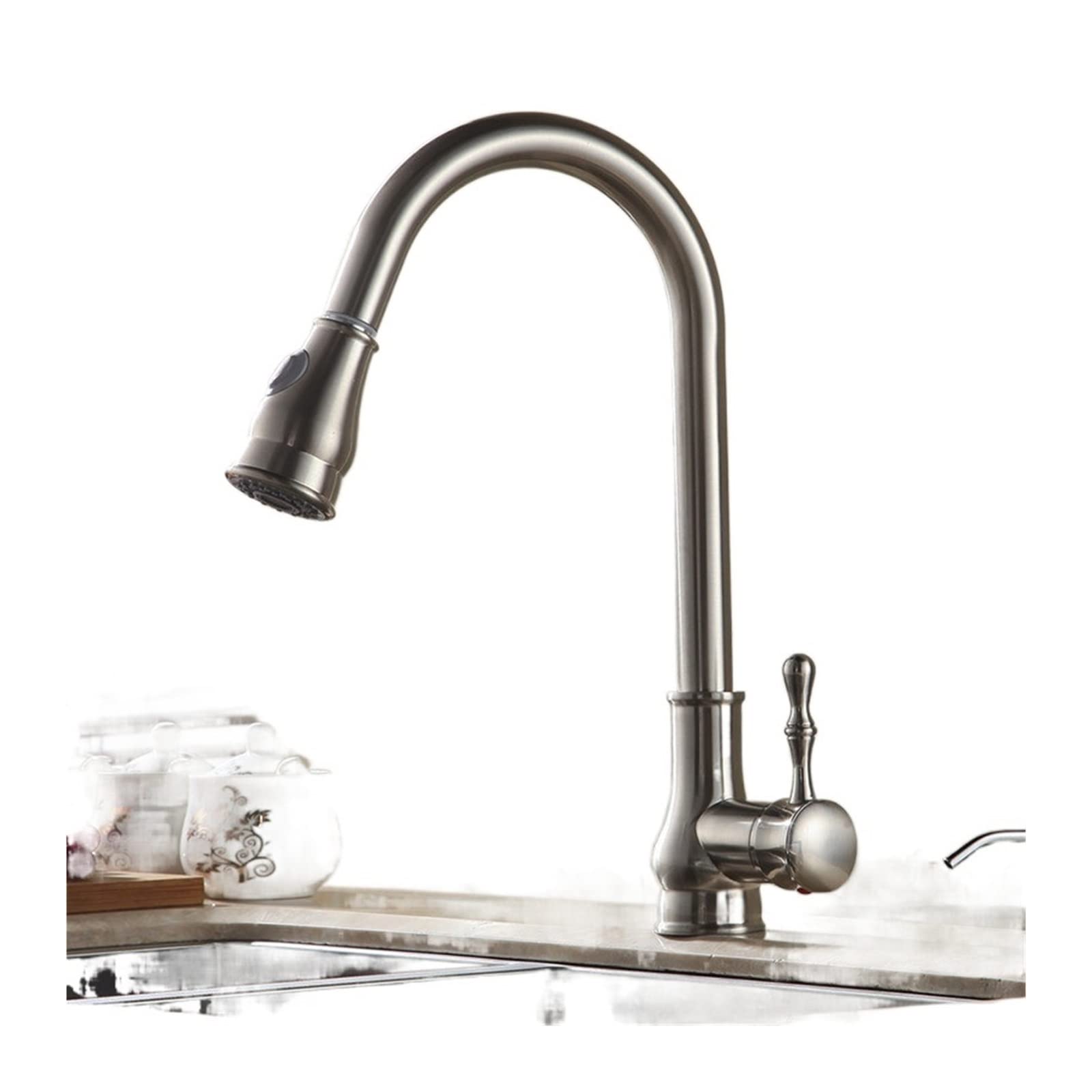 Bateria kuchenna ze szczotkowanego mosiądzu, bateria kuchenna z wysokim łukiem, obrotowa wyciągana głowica natryskowa, inteligentna bateria (szczotkowany nikiel)