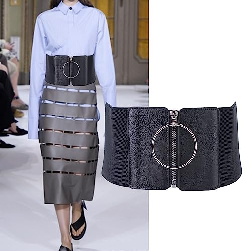 Vctitil Women Zipper Elastic Belt Waist Tightening Elastic Fashion Wide Waistband Tight Fitting Corset Dress Metal Circular PU Leather Belt 7