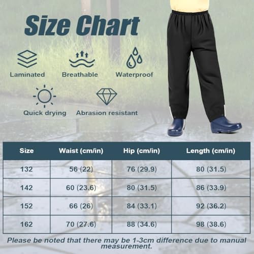 BSBUY Leichte Regenhose Kinder Matschhose Regenlatzhose mit Aufbewahrungstasche Ohne Träger mit Reflektorstreifen Regenbundhose Wasserdicht Winddicht Atmungsaktiv Rain Pants Matschanzug (Schwarz,152)