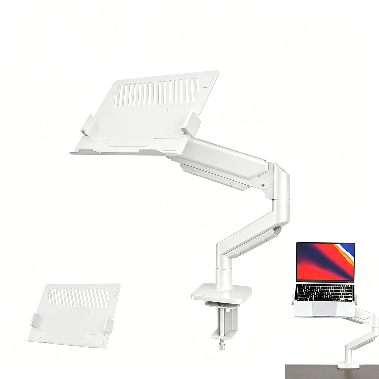 Braccio Monitor Scrivania,Supporto Per Monitor 2 In 1 Con Vassoio, Capacità Fino a 10 Kg, Altezza Regolabile,Compatibile Con Laptop Fino a 17 Pollici, Braccio Per Scrivania Con Morsetto/Foro,bianco