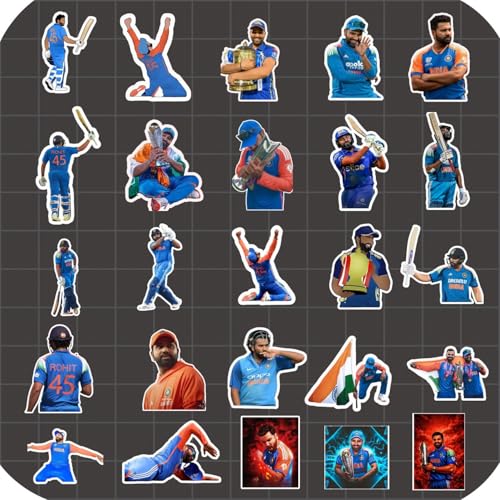 Image of Rohit Sharma Stickers - 25 Pcs Waterproof, HD Printed Vinyl Stickers for Laptop, Mobile, Notebook & More | Cricket Stickers