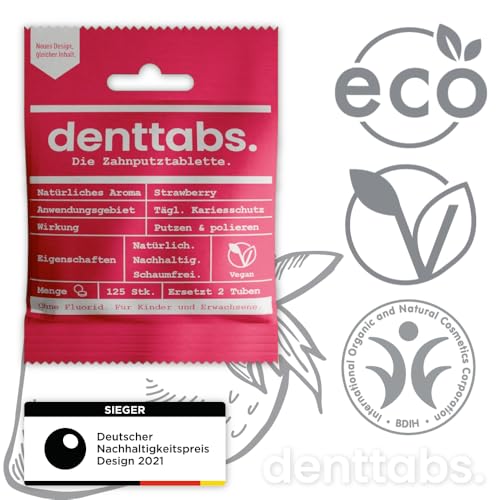 Denttabs Zahnputztabletten Erdbeergeschmack 2x125 Stk. die vollwertige Alternative zur Zahnpasta, fluoridfrei für Kinder und Erwachsene VEGAN Plastikfrei ohne Konservierungsstoffe. kompostable Bag