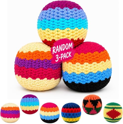 3 Pack Handmade Crochet Footbag Balls, 2.36 Inch 50g Soft Knitted Kick Sack Set, Hacky Style Foot Bag for Outdoor Games, Juggling, Tricks and Coordination Training