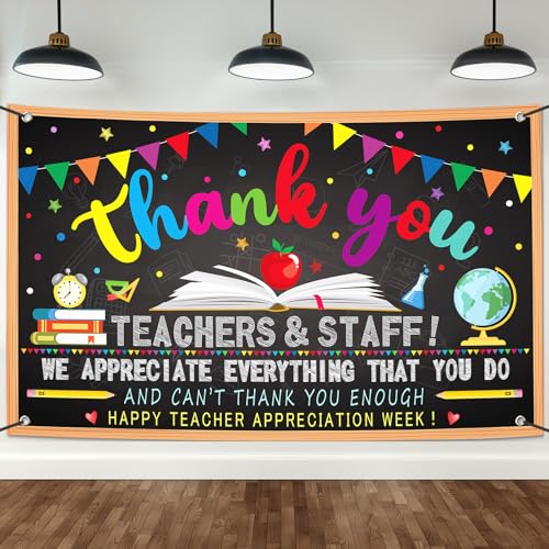 Image of Happy Teacher Day Banner Teacher Appreciation Week Decorations Flag Outdoor 71x44 Inch School Classroom Backdrop,Thank You Teacher Gifts for Indoor Home Party Supplies,Yard Sign Photography Background