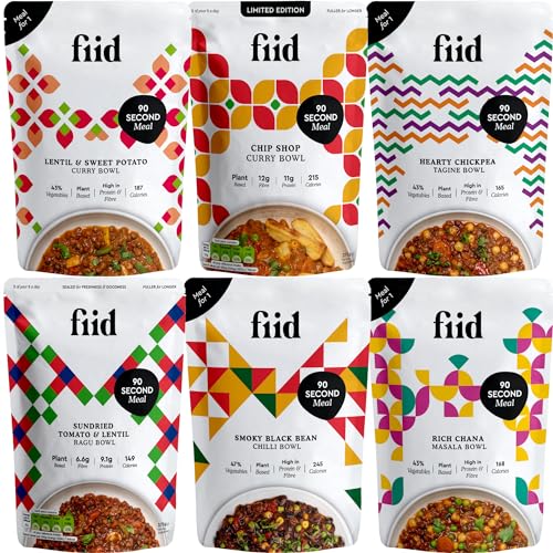 ​​Fiid 100% Natural Vegan Microwave Ready Meals Flavour Multipack - 6x 275g Pouches - 6 Flavours (Vegetarian Food Pouch, High in Fibre & Protein & Low in Sugar)