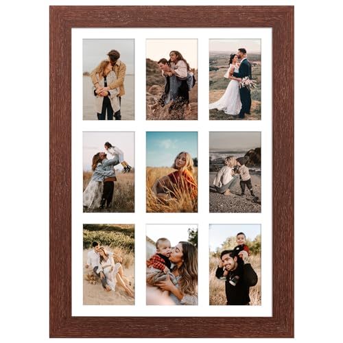 13.5x19.5 Picture Frame Display 9 opening 4X6 Picture Frame Collage,Multi Photo Frame with Mat,Plexiglass,Wall or Tabletop Decor,Walnut Wood Grain