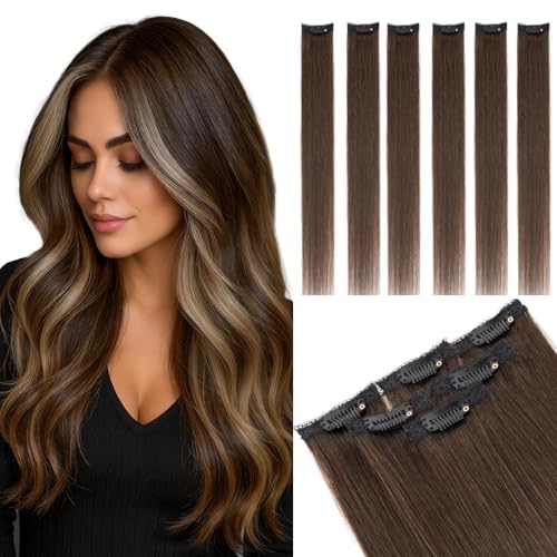 MY LADY Extensiones de Pelo Natural Clip 6 Piezas 25cm Liso Highlight Hair Extenison Human Hair Para Mechas #02 Marrón Oscuro 31g