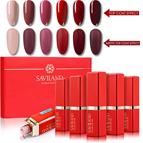 Saviland Red Series Gel Nail Polish Set, 6pcs 15ml Lipstick Design Nail Varnish Soak Off UV LED Christmas Nail Gel Kit