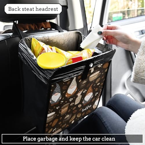 Image of Car Trash Can Organizer Bin with Adjustable Strap for Back Front Seat Console Waterproof Leakproof Collapsible Portable 8.66 Inch Brown Gnomes Coffee Beans Cups