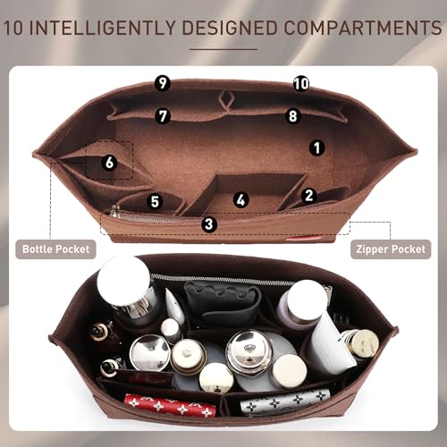 Image of Doxo Purse Organizer Insert for Handbags & Base Shaper 2pc Set, Felt Neverfull PM Organizer Insert, Tote Bag Organizer with Zipper Pocket and Bottle Holder, Fit Neverfull PM and More, Brown-M