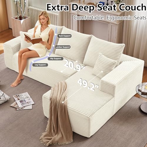 Image of 107 inch Cloud Sectional Couch with L-Shape Chaise, Modern Modular Comfy Sofa Chaise Longue, Upholstered Corduroy Couches Sleeper with Deep Seat for Living Room Bedroom, No Assembly Required, White
