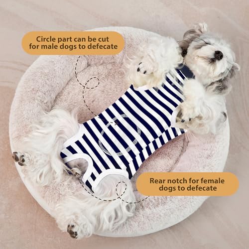 PawSailor Gestreifter OP-Body Hunde Hündin Rüde Kastration Hundebody Nach Op Weiche Baumwolle OP-Weste Hunde Medizinisches Hemd Anti-Lecken Knopfverschluss Wundschutz Kegel-Alternativen, Marineblau S