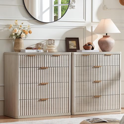 Image of LEYAOYAO Fluted 5 Drawers Dresser for Bedroom Set of 2, 34 inch Tall Modern Chest of Drawers with Metal Handle, Curved Profile Design,Wood Drawer Organizer for Bedroom, Living Room, Hallway,Lightgrey