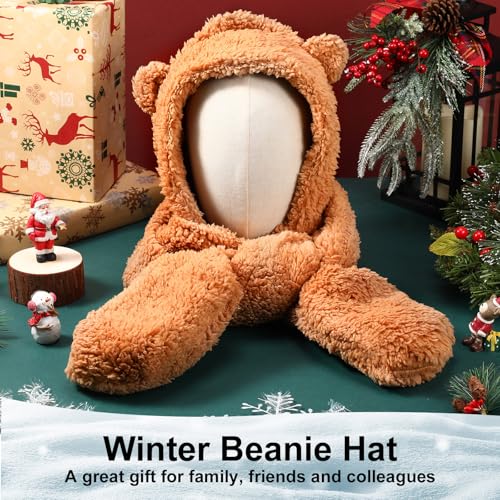 Coume 3 Pack Christmas Winter Fleece Women Bear Ear Sherpa Hooded Scarf Hat Gloves Hooded Scarf Ear Protection Windproof Cap3