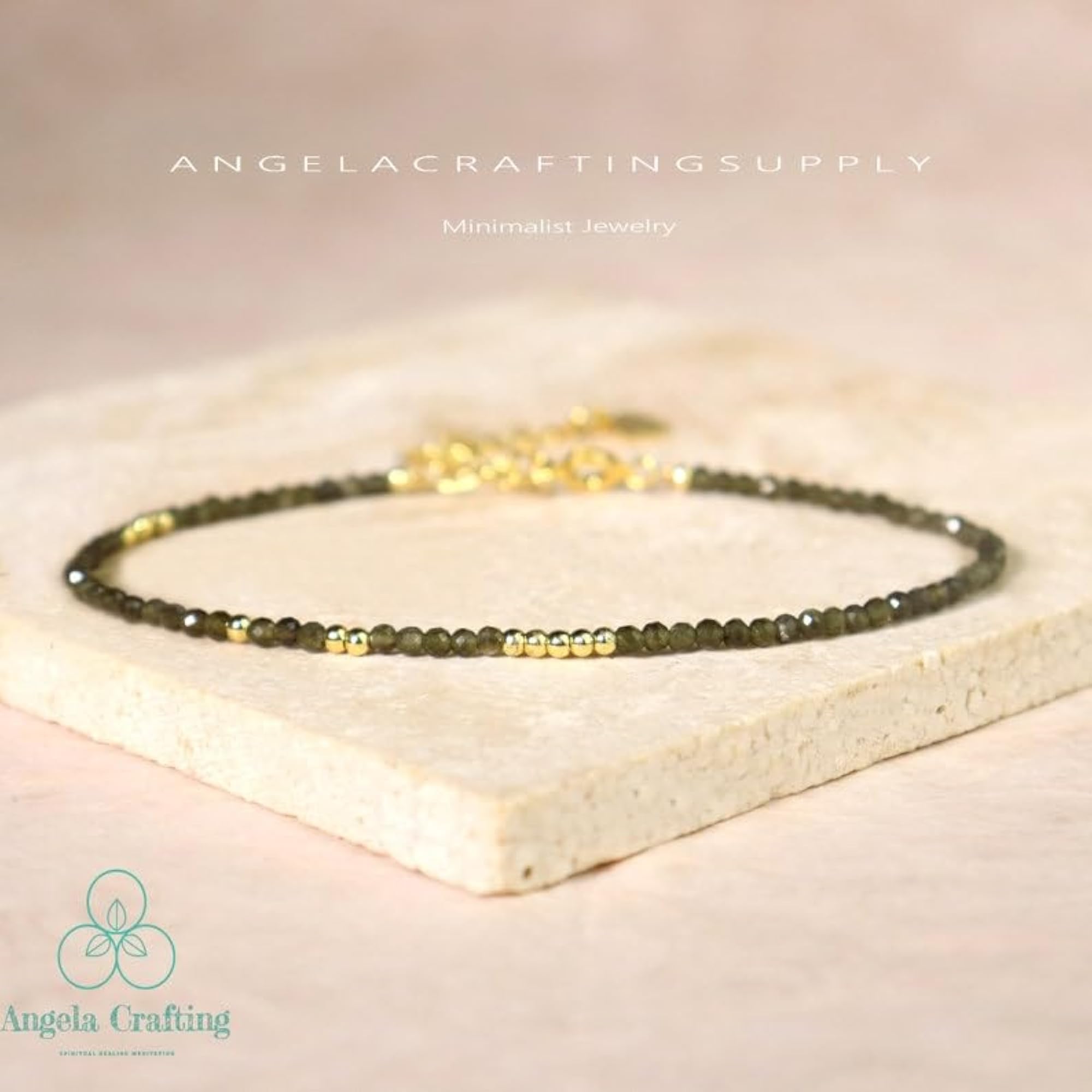 Green Obsidian Round Beaded Bracelet, Adjustable Gold Lock