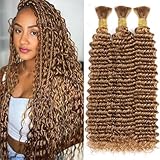 Human Braiding Hair for Boho Braids 150g 18 Inch Honey Blonde Curly Boho Hair for Braiding Knotless 12A Deep Wave Bulk Bohemian 3 Bundles/Pack Color 27