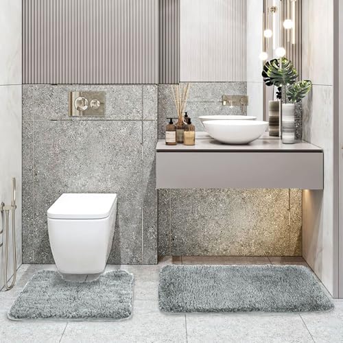 Image of LUXE HOME INTERNATIONAL Polyester Contour Bath Mat - Washable, Anti Skid, Water Absorbent Contour Mats for Bathroom, Toilet, Wash Basin & Bathroom Contour Mat Set (Silver, 45x 75 cm & 40x45)