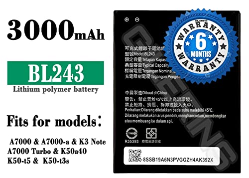 Image of GILERINS Original BL243 Battery for Lenovo K3 Note K50a40 / A7000 A5500 A5600 A7600-M Battery with 6 Month Warranty and high Capacity Battery Backup.