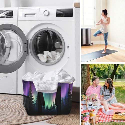 Large Waterproof Travel Tote Bag for Women Men, Aurora Borealis Forest Galaxy Canvas Beach Bag with Lining & Pockets - Reusable Grocery/Laundry/Kitchen/Pool/Picnic Tote (15.4x9.8x12.8in) 7