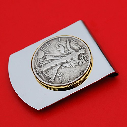 US 1945 Walking Liberty Half Dollar Stainless Steel Two Tone Large Money Clip NEW - Wide Design2