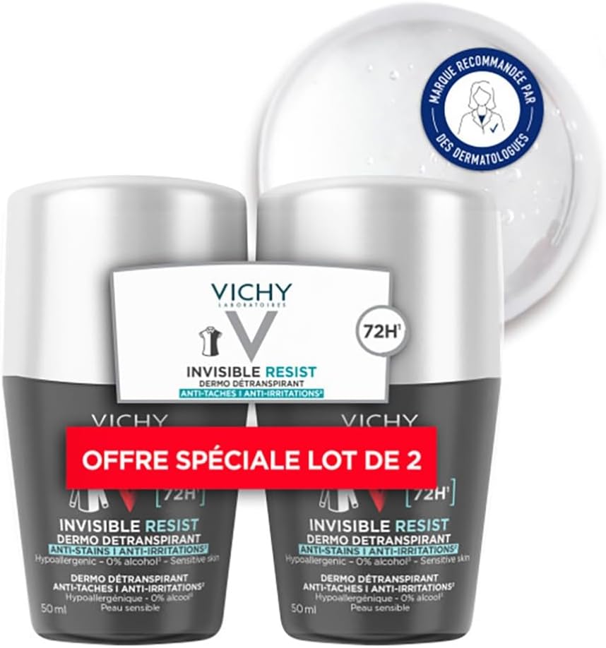 Vichy Homme, Invisible Resist, Déodorant Roll-On, Détranspirant à l'Efficacité Longue Durée 72 H, Anti-Taches Jaunes et Blanches, Adapté aux Peaux Sensibles, Lot de 2x50 ml