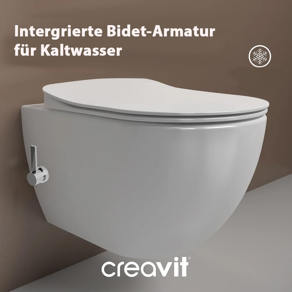 Creavit FREE Dusch WC Komplettanlage spülrandlos–Wandhängend Hänge WC/Taharet/Bidet mit Warm-/Kaltwasser oder ohne Bidet,Softclose Sitz, antibakterielle Keramik (mit Bidet+Armatur Kaltwasser)