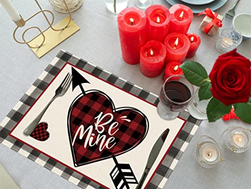 Valentines Day Placemats Set Of 4,Buffalo Plaid With Love Hearts Arrow Heat-Resistant Place Mats,Anniversary Wedding Table Decors For Farmhouse Kitchen Dining Party 12X18 Inch #TOP3