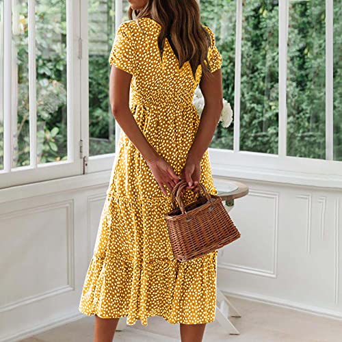 Womens Summer Casual Sweetheart Neckline Puff Sleeve Floral Print Swing Dress Flowy Boho Beach Midi Long Dresses Ladies Double Layer Bohemian Sundress - Image 5
