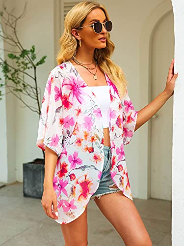 Image of Hibluco Women's Floral Kimono Cardigan Casual Chiffon Tops Loose Beach Cover Ups