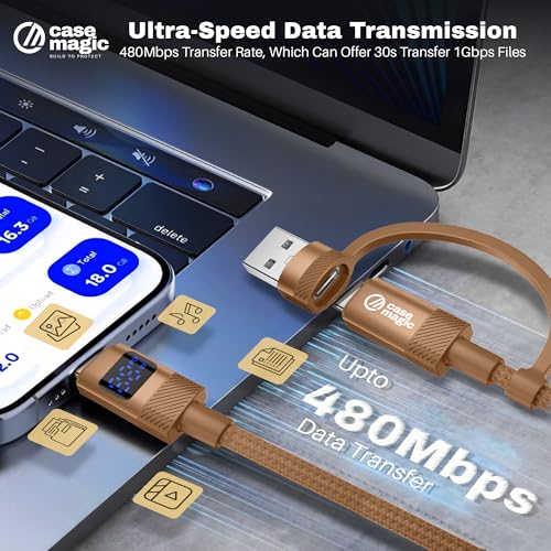 Image of Case-Magic 2-in-1 USB-A & Type-C to Lightning Cable (1M /3.3Ft) 27W Fast Charging, LED Display, 480Mbps Data, Durable Nylon Braided Cord for iPhone 14 /13 /12 /11 /XS /XR /8 /SE, iPad| Universal& Travel-Ready