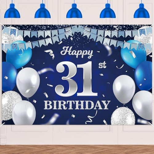 Amazon.com: Happy 31st Birthday Banner Backdrop Navy Blue Balloons ...