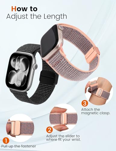 Crodi 2 Packs Nylon Loop Sport Bands Compatible with Apple Watch Band 44/45/46/49/42mm Women Men, Strong Magnetic Adjustable Straps for iWatch Series 11 10 9 8 7 6 5 4 SE/Ultra 3 2 1, Black&Pink Sand — view 4